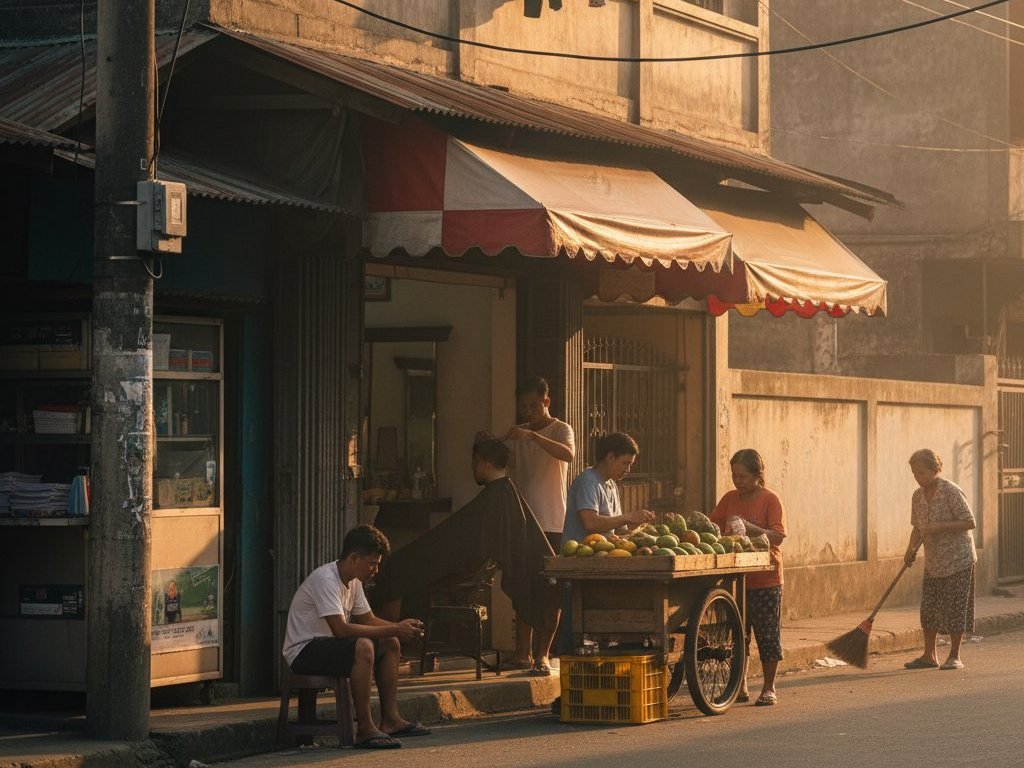 A barangay street of small livelihoods under the overhead line