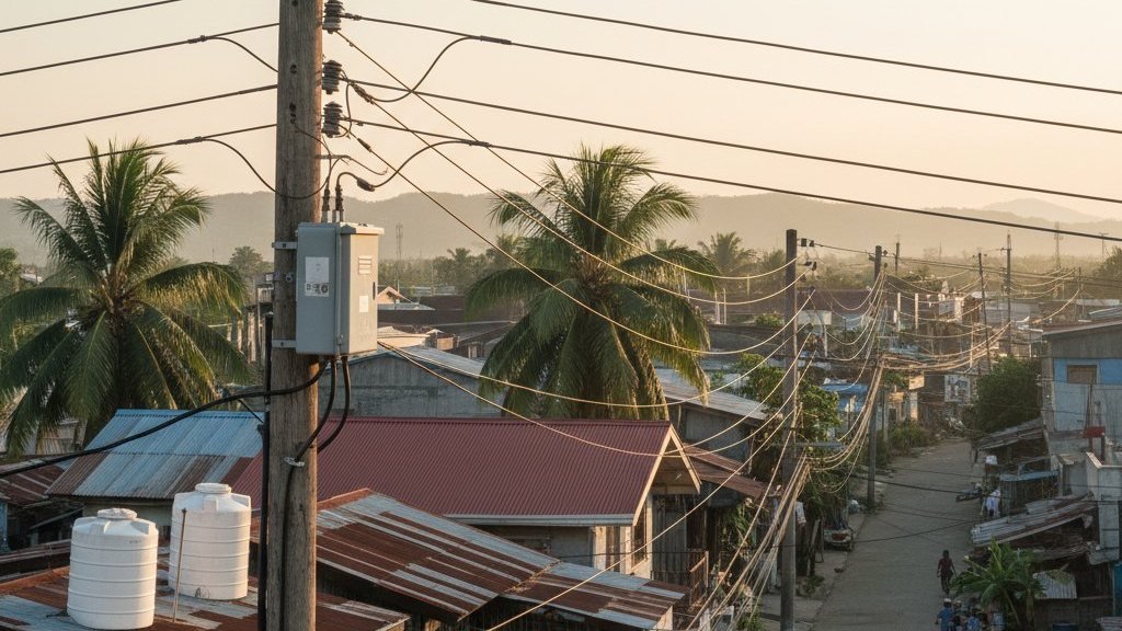 Overhead cable runs threading across barangay rooftops at dusk