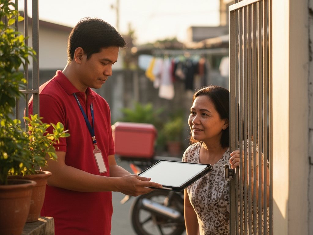 A technician confirming a live account with the homeowner at the gate