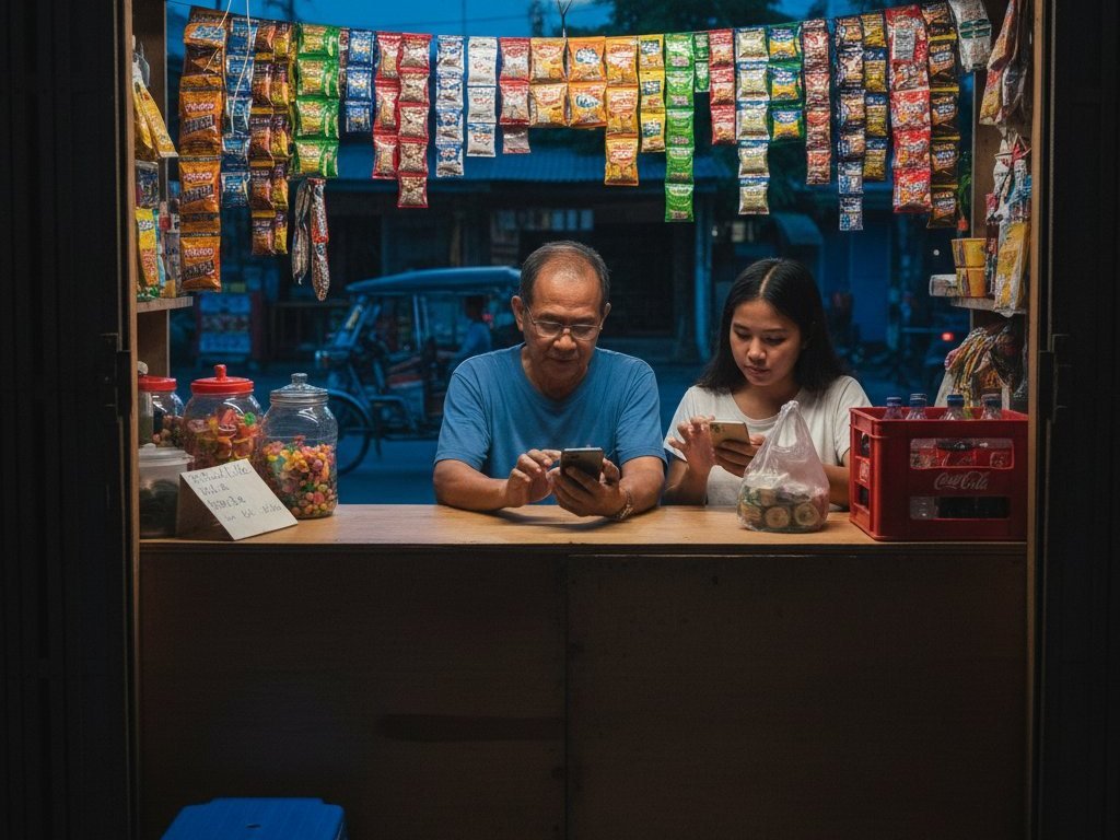 A sari-sari store at dusk taking a digital payment under its modem and camera