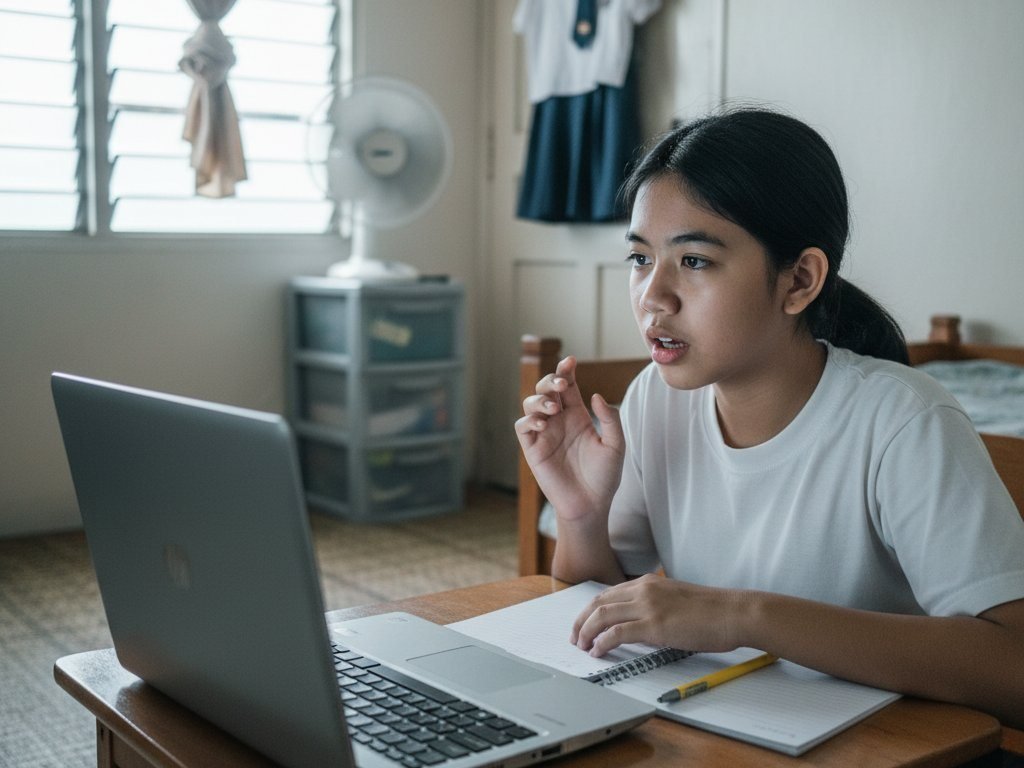 A student answering in an online class at a bedroom desk